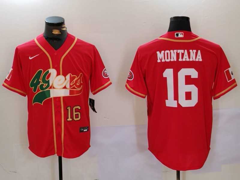 Mens San Francisco 49ers #16 Joe Montana Red With Patch Cool Base Stitched Baseball Jerseys